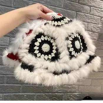 Outdoor hand-woven rabbit fur fisherman s hat children s cold-proof Guochao Lion Baotou hat autumn and winter warm knitted wool hat M56-58cm чёрный