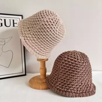 Outdoor knitted hollow breathable solid color bucket fisherman hat children spring and summer fashion versatile sunscreen basin hat tide M56-58cm чёрный