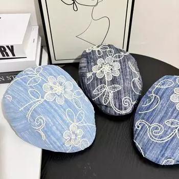 Outdoor Korea 2025 new flower denim forward hat women s big head circumference show face small beret M56-58cm темно-синий