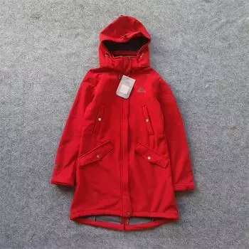 Outdoor Mid-Length Trench Coat Women s Windproof Waterproof Soft Shell Composite Polar Fleece Shell Jacket Removable Hat Spring and Autumn Coat Red soft shell composite jacket L