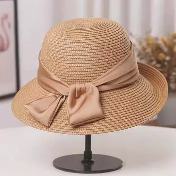 Outdoor new summer sunshade bow straw hat women s crimped bucket hat foldable seaside beach sun hat M56-58cm чёрный
