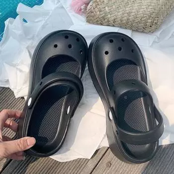 Outdoor Non-Slip Step on Shit Eva Sweet Bows Mary Jane Sandals Summer Cute Head Cover Hole Shoes Ladies No flower deduction Black 39-40