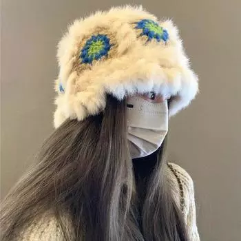 Outdoor rabbit fur wool hat women s autumn and winter cute plush warm national lion hat pure handmade face small tiger head hat M56-58cm розовый