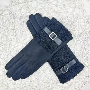 Outdoor Riding Finger Gloves Touch Screen Thermal Suede Teddy Velvet Buckle Gloves Women чёрный