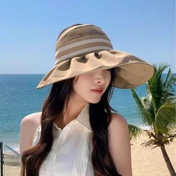 Outdoor striped big eaves fisherman hat children empty top sunshade sunscreen hat summer travel versatile show face small foldable M56-58cm чёрный