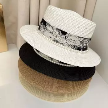 Outdoor summer seaside photo knitting hat showing face small flat brim simple bowler hat retro flat top sun hat tide M56-58cm чёрный