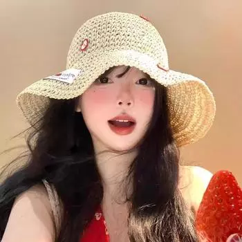 Outdoor summer small apple straw hat women seaside beach vacation straw bucket hat large brim sunshade sun hat M56-58cm бежевый