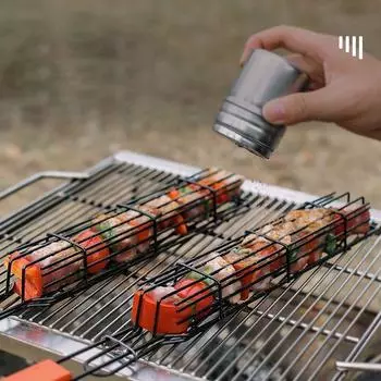 Outdoor Wooden Handle BBQ Barbecue Cage Camping Meat and Vegetable Barbecue Net Rack Picnic Barbecue Tools