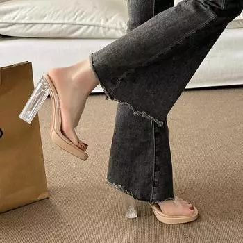 Outer sandals women s 11cm round head thick heel with one word not tired feet crystal heel high sense new high heels sandals 35