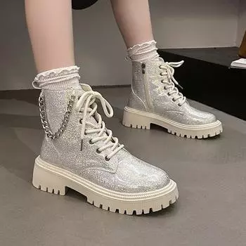 Внешний размер большой размер 2024 осень и зима новые металлические цепи ботинки Martin женские на толстой подошве со шнуровкой классические короткие локомотивные ботинки 35 розовый