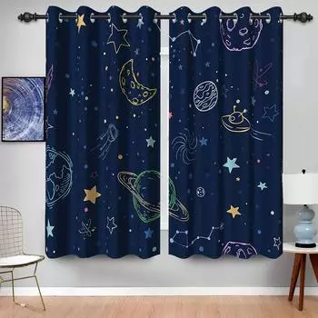 Космическая галактика Галактика Вселенная Забавные дети Мальчики Ребенок Светофильтрующие шторы Декор 2 панели Шторы для спальни Гостиная 150W166H(CM)59x65in&Hook