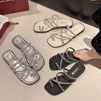 Outer wear rhinestone cross strap sleeve finger fairy wind slippers 2024 summer French chic Internet celebrity word cool slippers female 35