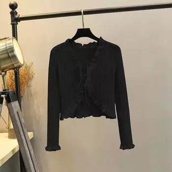 Outer Wear Ruffles Straps Small Waistcoat Knitting Cardigan Black L