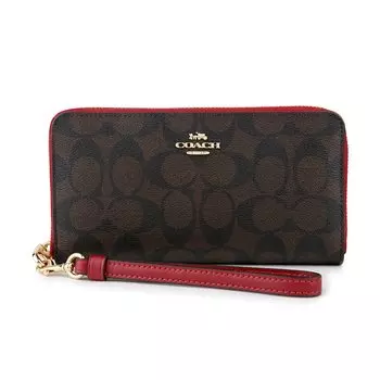OUTLET Длинный кошелек Outlet C4452 IMRVQ Signature Brown [Coach] (Круглая молния) Коричневый/Красный Красный/Золотой [Предмет]