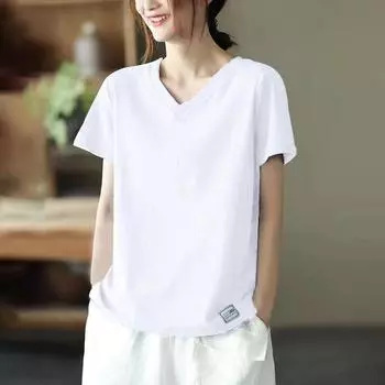 Outlets Genuine Women s Clothing Cut Label Big Sale Cotton V Neck Tops Fashion All-Match Summer New Arrival Short Sleeve T-shirt White [pure color]] 2XL [Suggested 70.00kg]]