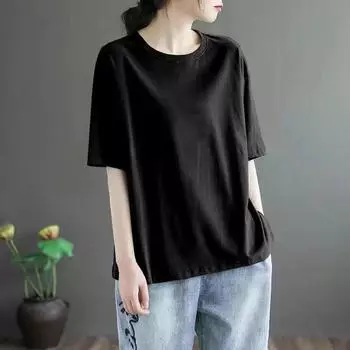 Outlets Genuine Women s Clothing Cut Label Big Sale Summer Pure Cotton Short Sleeve T-shirt Artsy All-Matching Printed Base Tops Black (pure color model) L