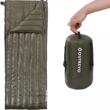 OUTREVO Пуховый спальный мешок конвертного типа, легкий гусиный пух 400 г, соединяемый для двух компактных спальных мест Outrevo (оливковый) оливковый
