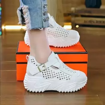 Outside high-top rubber sole hollow sneakers women s retro buckle solid color women s shoes casual shoes 35