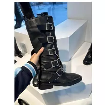 Ouyang Nana dark belt buckle western boots women s stacking boots retro old tooling medium tube strap knight boots 35