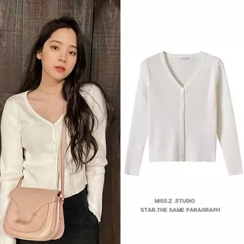 Ouyang Nana Same Style 100% Cotton French Style Silm Figure Flattering Knit Cardigan Long Sleeves Bottoming Shirt for Women 2025 Spring New White (good quality) S