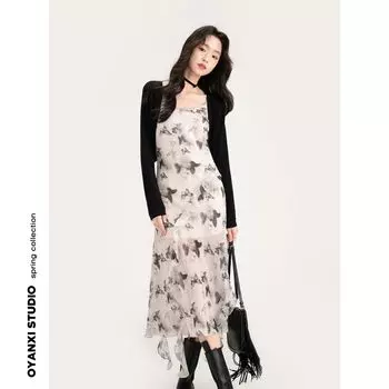 Ouyang Xi Butterfly French Style Summer Dress Ink Painting Black(Mao Knitwear-In Stock) M