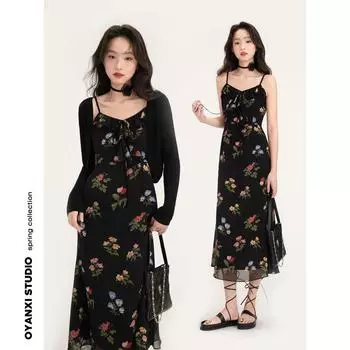 Ouyang Xi Girl Slim Fit Dress Floral Strap