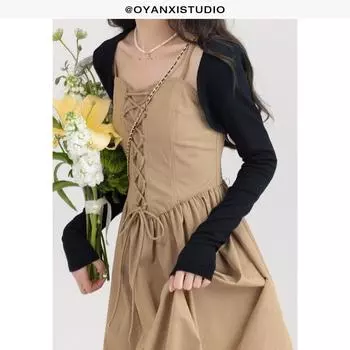Ouyang Xi In Stock Gentle Casual Easiest for Match Set Long Dress Black(Gross Knitwear (In Stock)) XS