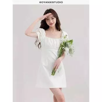 Ouyang Xi In Stock Summer Women s New Arrival Sweet Short Skirt Apricot-Dress XS
