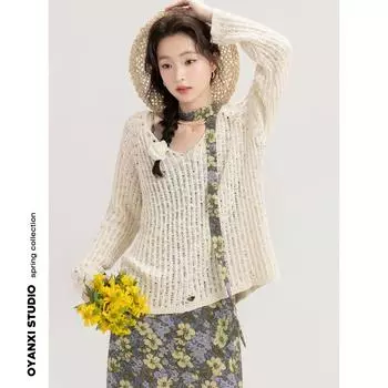 Ouyang Xi Spring V Neck Loose Slim Fit Long Sleeves Tops Apricot(Mao Knitwear-In Stock) L