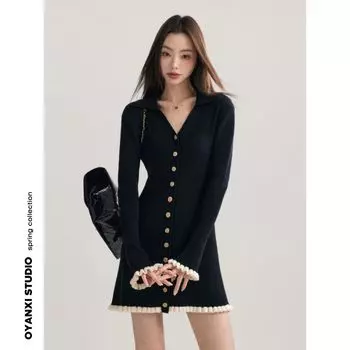 Ouyang Xi Woolen French Style All-Matching Slim Looking High Waist Skirt Black-(Dress-In Stock) S