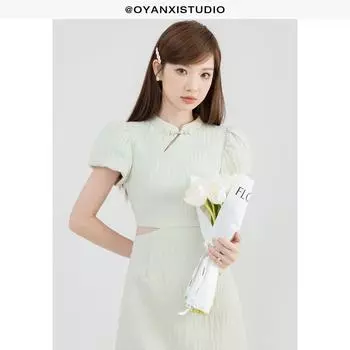 Ouyang Xi Xianzi Jade New Chinese Style Versatile Short Skirt Light Bean Green(Dress In Stock) M