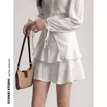 Ouyang Xitong Qin All-Matching Slim Looking Fashion Long Sleeve Top White Skirt(In stock) L