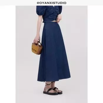 Ouyangxi Slim-Fit off-Neck Shirt Puff Sleeve Top Cowboy blue--(Skirt-In Stock) L
