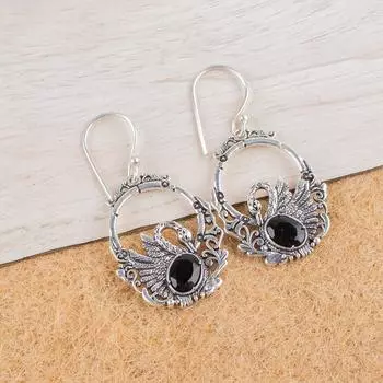 Oval Black Onyx Gemstone 925 Sterling Silver Jewelry Drop/Dangle Earrings 1.64 CE-2-5