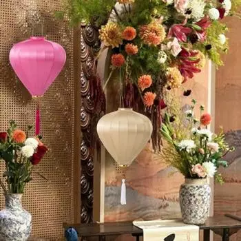 Oval Faux Silk Lanterns Solid Color Chinese Style New Year Lanterns with Tassel розовый