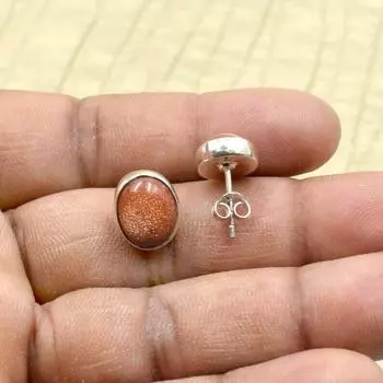 Oval Sunstone Stud earrings, top quality Natural sun stone silver post earring