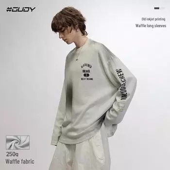 Футболка с длинным рукавом OVDY 2024 из коллекции уличной моды «Осень/Зима» с вафельной тканью и уникальным принтом Extra Large хизер серый