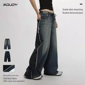 OVDY 2024 Ретро-рваные джинсы с широкими штанинами и фирменной завязкой Extra Large