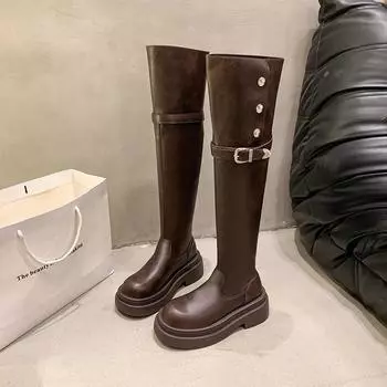 Over The Knee Square Heel Modern Boots Zipper Solid Round Toe Shoes Female 2024 High Quality High Heel Punk Women s Boots 35 коричневый