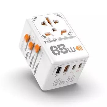 Overseas Conversion Plug Worldwide Compatible GaN 65W PD Fast Charging TESSAN Overseas Travel Outlet with 2 Ports and 2 Ports 1 AC Outlet Conversion