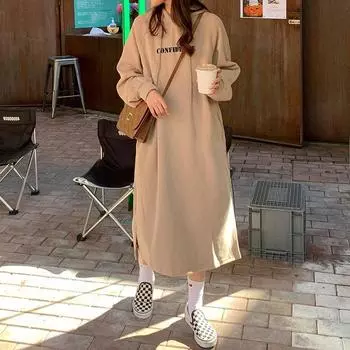Oversize autumn and winter velvet thickened letter print hooded sweatshirt skirt for women One Size