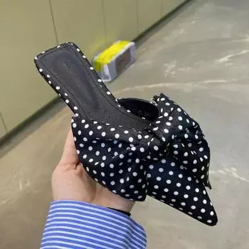 Oversize Bowtie Mule Shoes Slides Women Pointed Toe Stripe Wave Slip-on Sandals Ladies Luxury Satin Silk Outdoor Flat Slippers 35