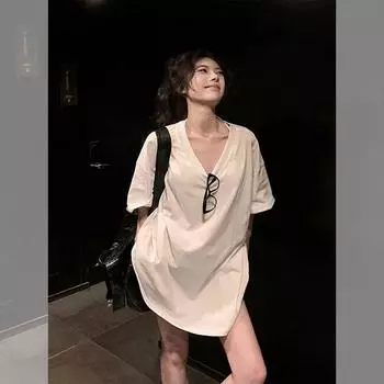 Oversize Gray Pure Cotton Short sleeve T-shirt Women V-neck Loose Mid-Length Summer Big Neckline Cover Ass Short Sleeve White S