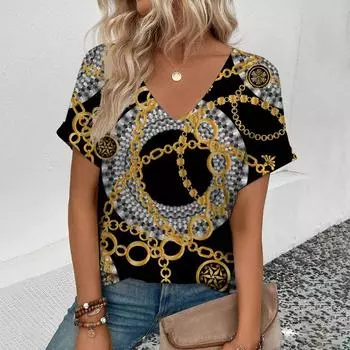 Женские футболки больших размеров с v-образным вырезом и короткими рукавами, одежда в стиле ретро, свободный пуловер, топ с 3d принтом, вентилируемые, 2024, новые летние футболки L
