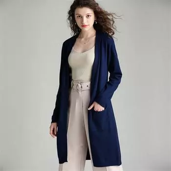 Оверсайз Повседневный вязаный кардиган средней длины Весна Осень Элегантные женские свободные трикотажные топы Корейский свитер с длинным рукавом Пальто One Size темно-синий