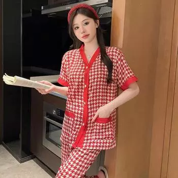Oversized Women s Pajama Set Summer New Style V Neck Short Sleeve Button Top Pants Set Pajamas Women s 2 Piece Suit XL