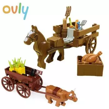 Ovly Farm Carriage Gardening MOC Parts Set with Oxcart Animals DIY Building Block Retro Roast Chicken Kit Kids Gift with Manual