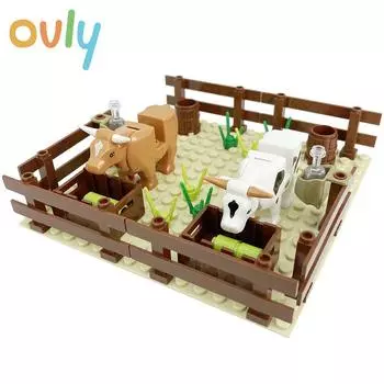 Ovly Farm Cowshed DIY Building Block MOC Parts Puzzle Set with Garden Cows House Animals Kit Kids Gift with Manual