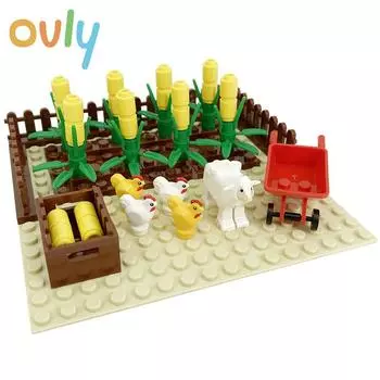 Ovly Farm Fields of Corn MOC Parts Set with Cornfield Animals Sheep Chick Trolley DIY Building Block Kit Kids Gift with Manual