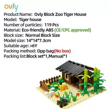 Ovly Ферма Зоопарк Дом Тигра Набор MOC Детали Животные Бамбук Сделай сам Набор Строительных Блоков Детский Подарок с Инструкцией